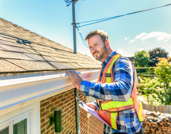 Roofer inspecting roof for storm damage in Norman