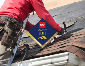 Roofer repairing a roof in Yukon and a GAF Master Elite Certification badge